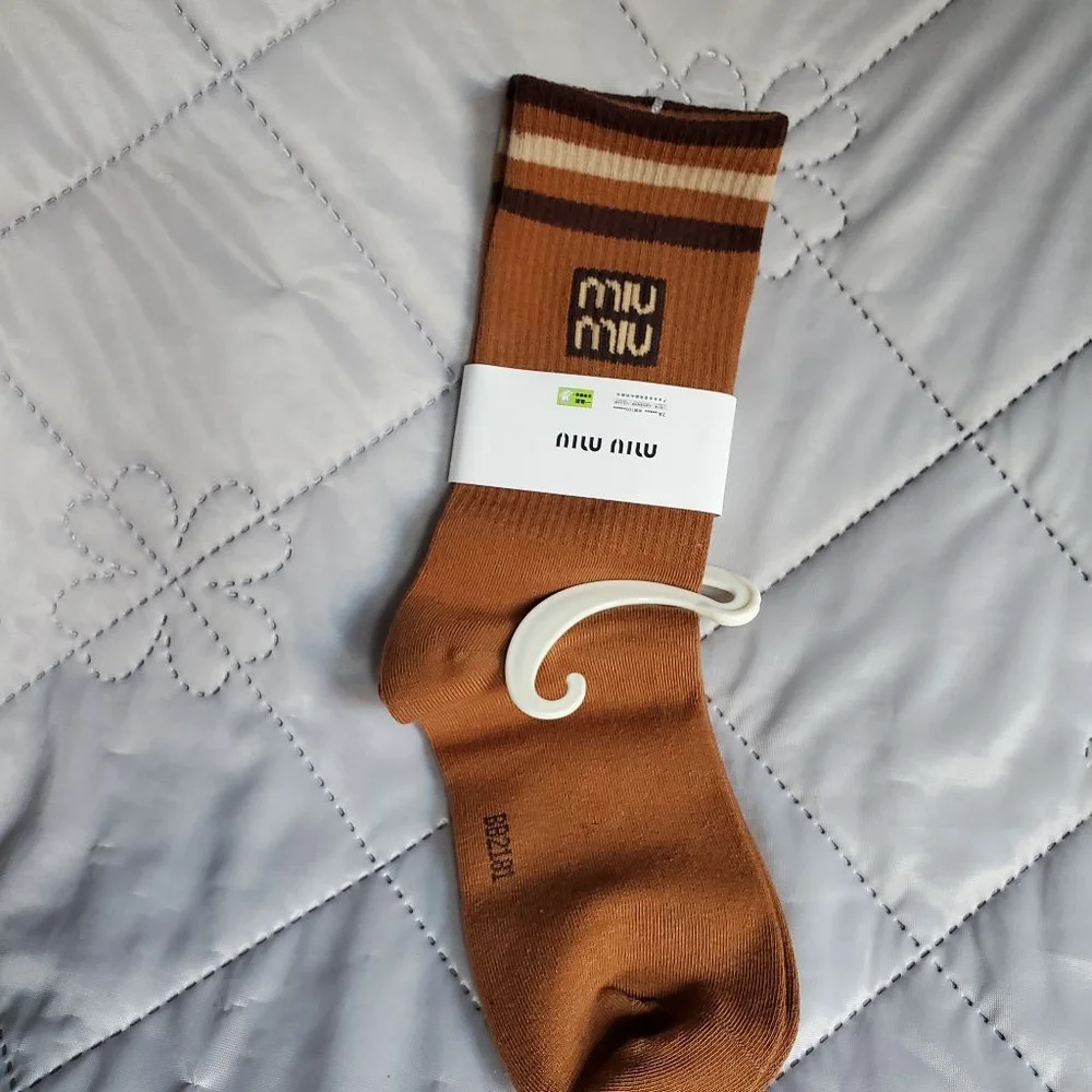 Miu Miu Crew Brown Beige Striped Womens Size 7-10 Socks